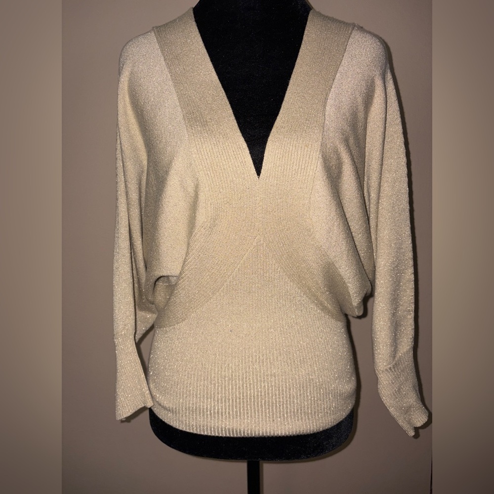 Express Design Studio Gold Shimmering Low Cut V-Neck Elegant Top